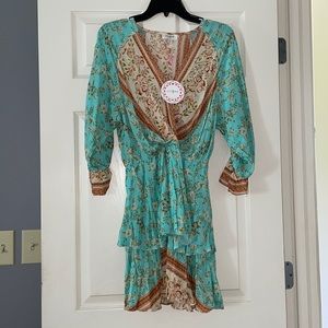 Umgee teal long sleeve tiered short dress NWT